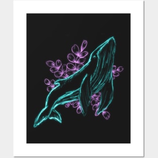 Neon whale Posters and Art